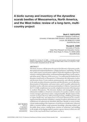 A Biotic Survey and Inventory of the Dynastine Scarab Beetles of Mesoamerica, North America, and the West Indies: Review of a Long-Term, Multi- Country Project