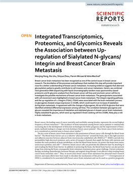 Regulation of Sialylated N-Glycans/ Integrin and Breast Cancer Brain Metastasis Wenjing Peng, Rui Zhu, Shiyue Zhou, Parvin Mirzaei & Yehia Mechref*