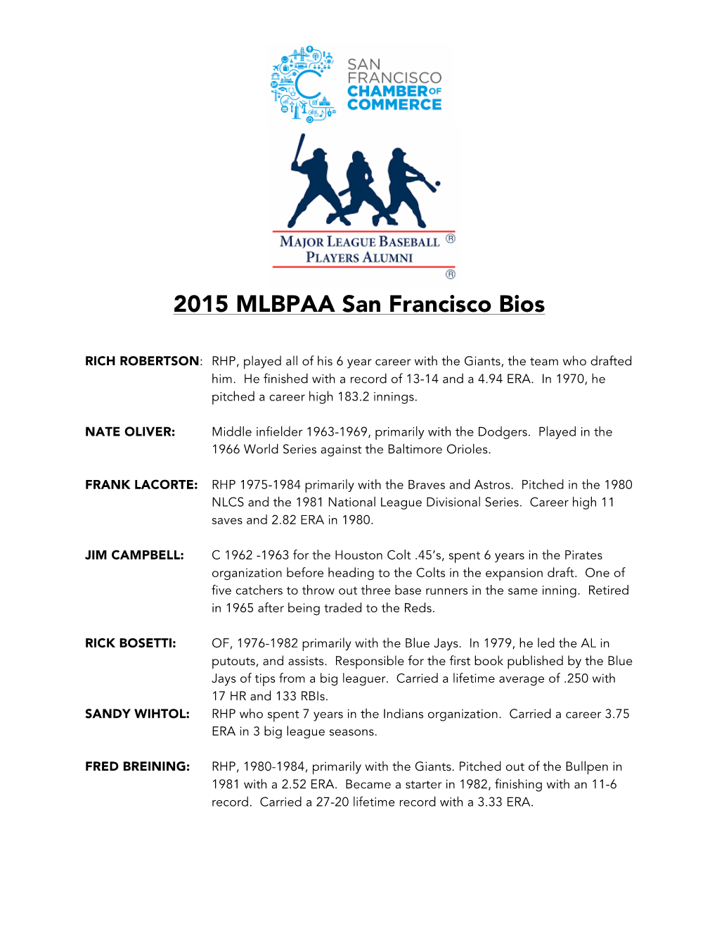 2015 MLBPAA San Francisco Bios