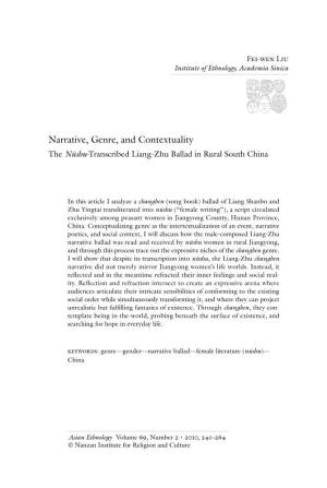 Narrative, Genre, and Contextuality the Nüshu-Transcribed Liang-Zhu Ballad in Rural South China