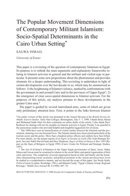 The Popular Movement Dimensions of Contemporary Militant Islamism: Socio-Spatial Determinants in the Cairo Urban Setting*