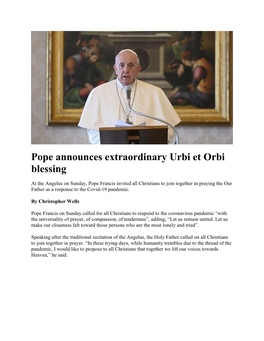 Pope Announces Extraordinary Urbi Et Orbi Blessing