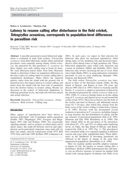 Latency to Resume Calling After Disturbance in the Field Cricket, Teleogryllus Oceanicus, Corresponds to Population-Level Differences in Parasitism Risk