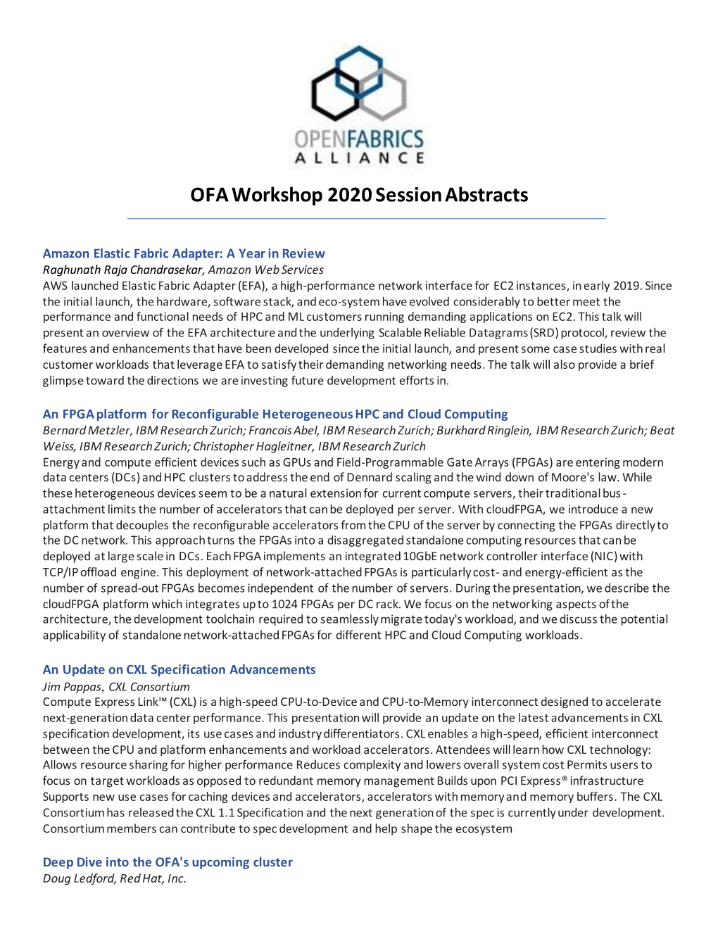 OFA Workshop 2020 Session Abstracts