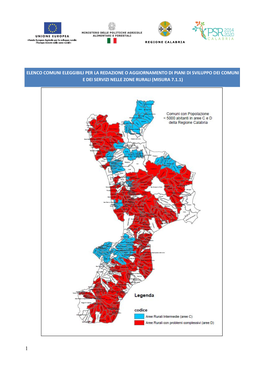 Elenco Comuni Eleggibili Per La Redazione O Aggiornamento Di Piani Di Sviluppo Dei Comuni E Dei Servizi Nelle Zone Rurali (Misura 7.1.1)