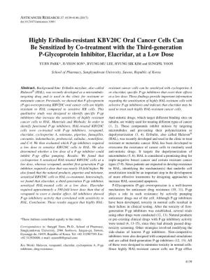 Highly Eribulin-Resistant KBV20C Oral Cancer Cells Can Be Sensitized By