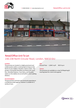 Retail/Office Unit to Let 236-238 North Circular Road, London, NW10 0JU