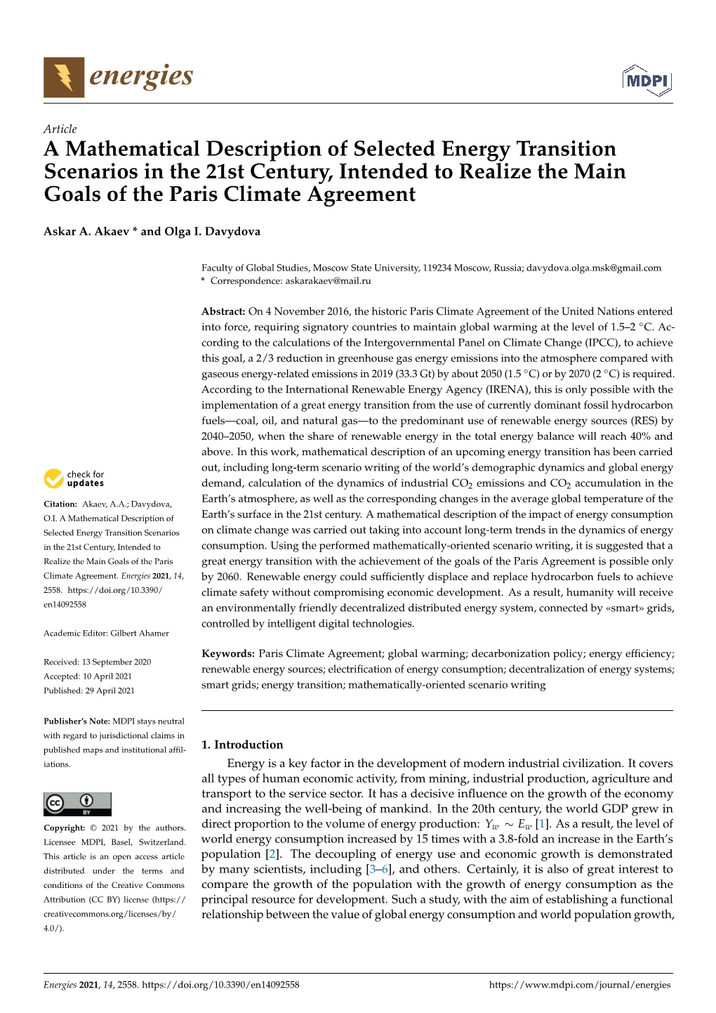 A Mathematical Description of Selected Energy Transition Scenarios in the 21St Century, Intended to Realize the Main Goals of the Paris Climate Agreement