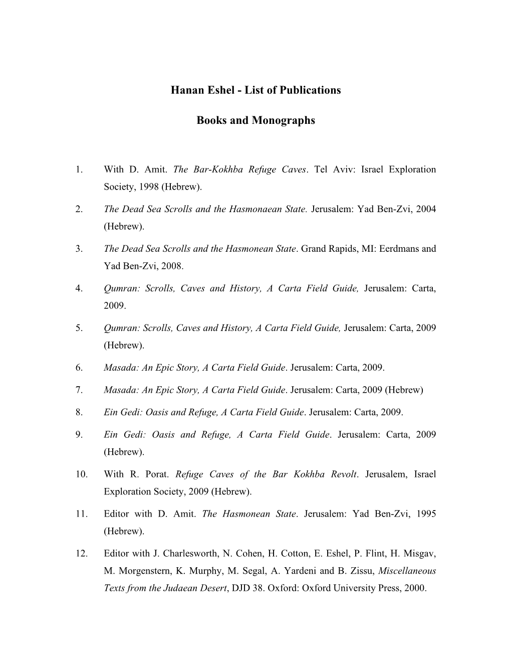 Hanan Eshel - List of Publications