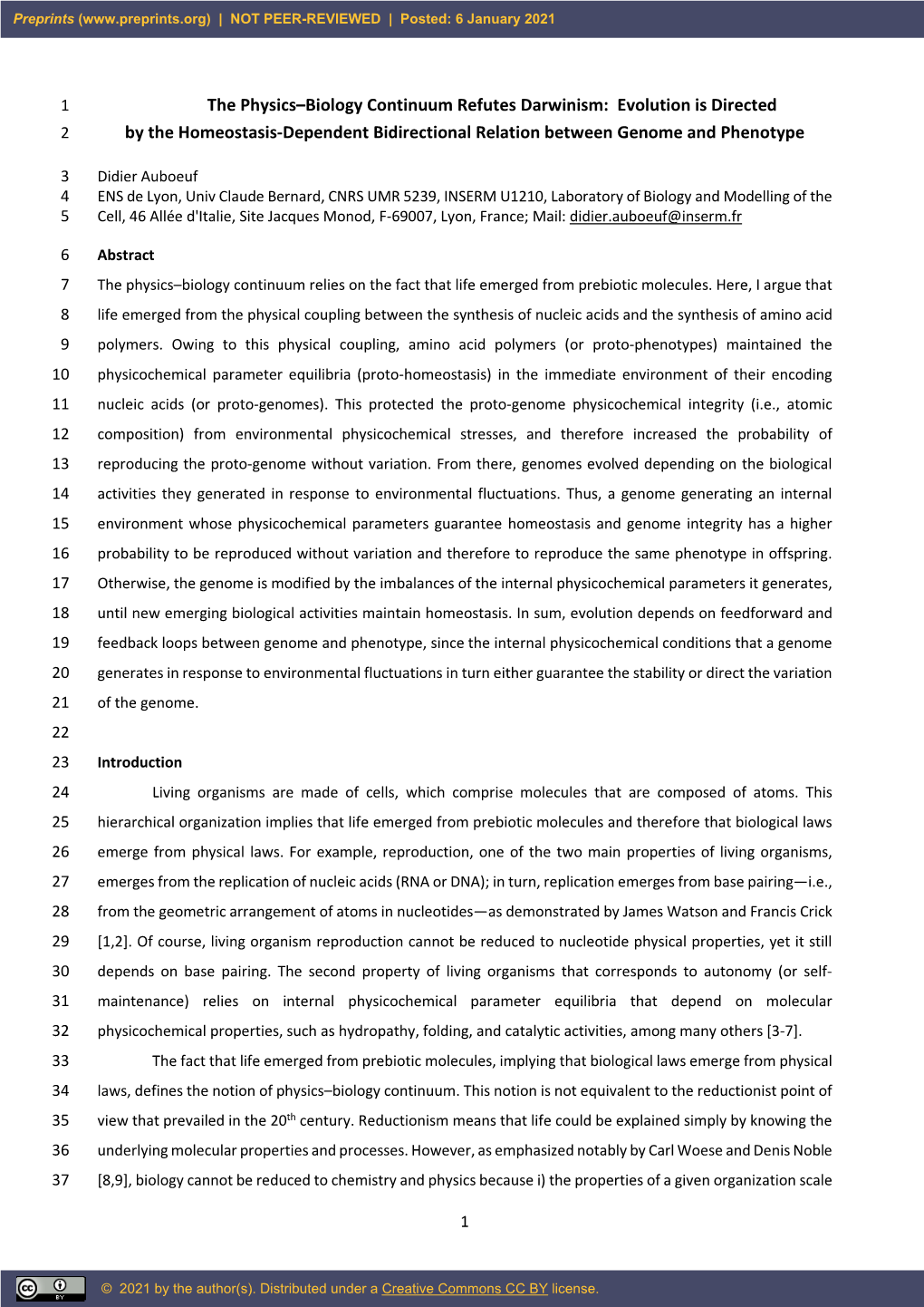 The Physics–Biology Continuum Refutes Darwinism: Evolution Is Directed by the Homeostasis-Dependent Bidirectional Relation B