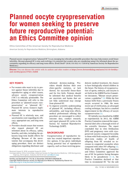 Planned Oocyte Cryopreservation for Women Seeking to Preserve Future Reproductive Potential: an Ethics Committee Opinion