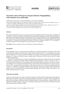 Taxonomic Status of Parapercis Elongata (Teleostei: Pinguipedidae), with Comments on Its Authorship