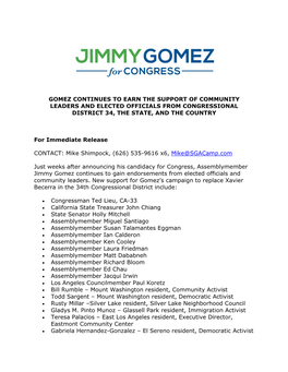 Gomez Continues to Earn the Support of Community Leaders and Elected Officials from Congressional District 34, the State, and the Country