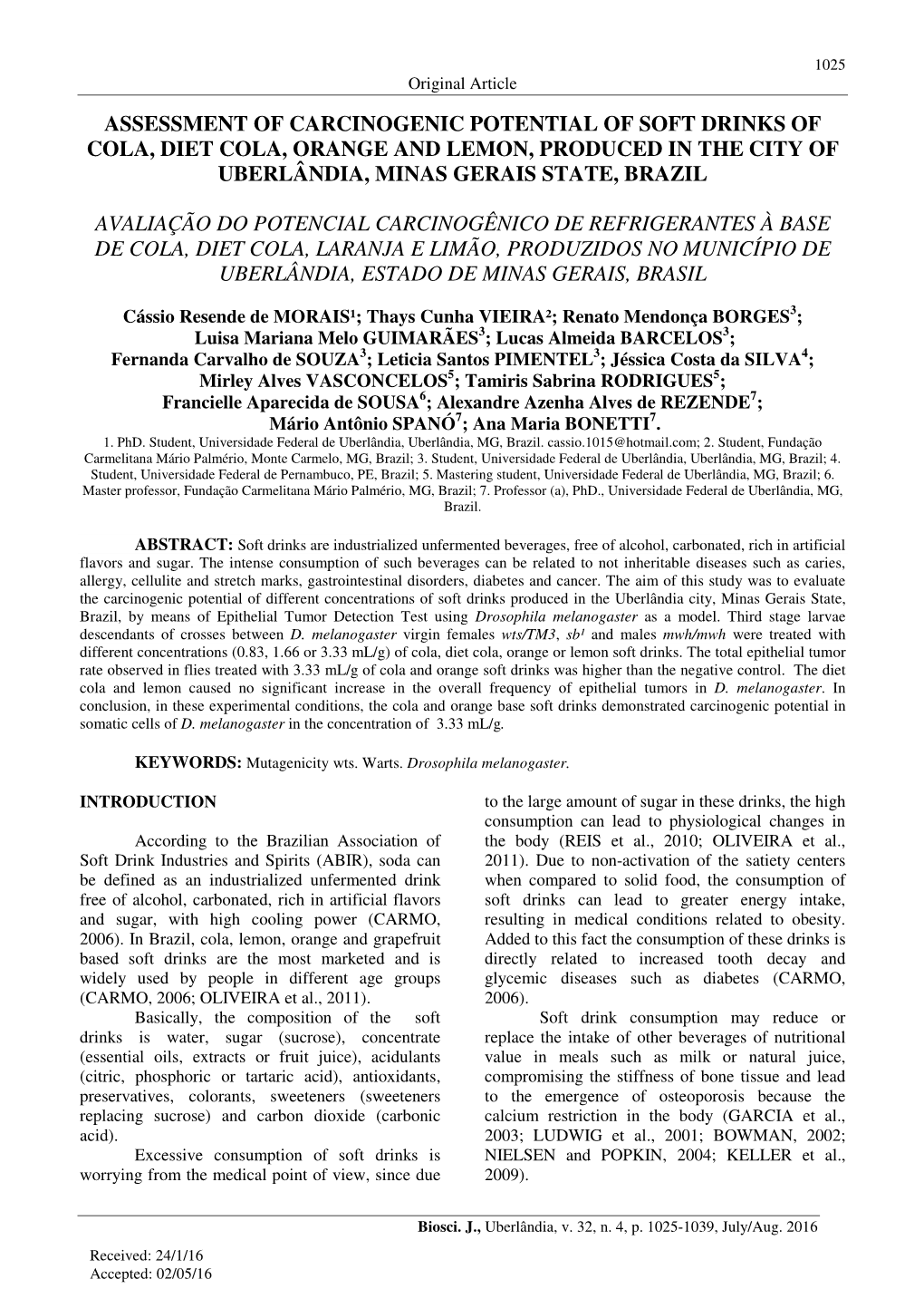 Assessment of Carcinogenic Potential of Soft Drinks of Cola, Diet Cola, Orange and Lemon, Produced in the City of Uberlândia, Minas Gerais State, Brazil