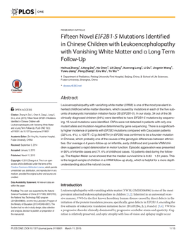 Fifteen Novel EIF2B1-5 Mutations Identified in Chinese Children with Leukoencephalopathy Withvanishingwhitematterandalongterm Follow-Up