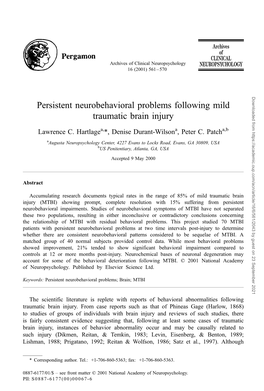 Persistent Neurobehavioral Problems Following Mild Traumatic Brain Injury