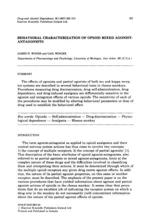 Behavioral Characterization of Opioid Mixed Agonist- Antagonists