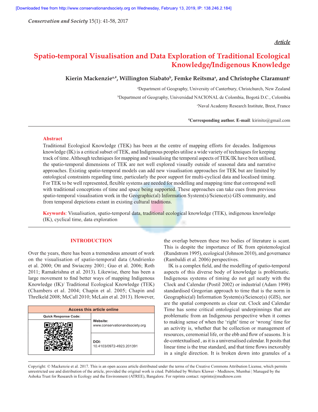 Spatio-Temporal Visualisation and Data Exploration of Traditional Ecological Knowledge/Indigenous Knowledge