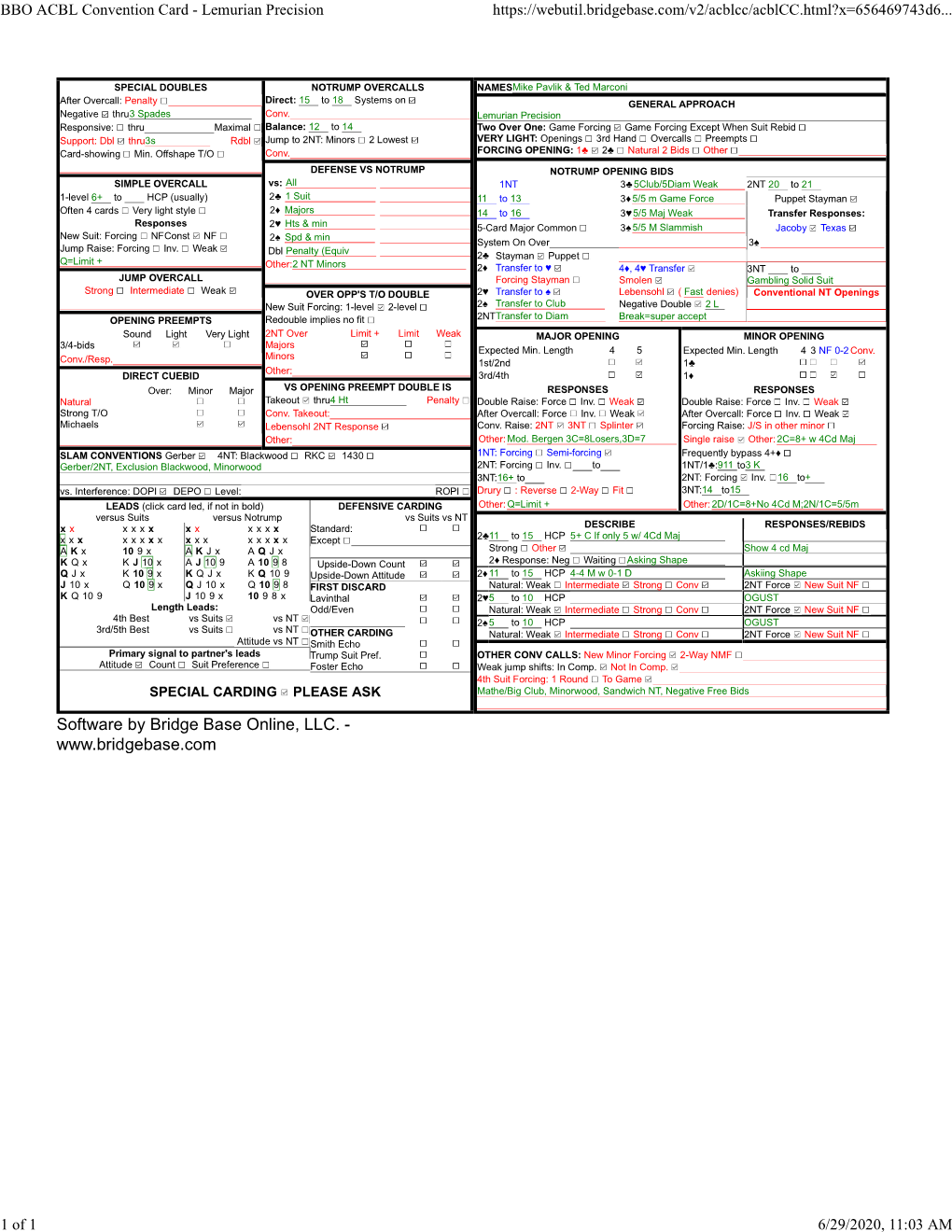 BBO ACBL Convention Card - Lemurian Precision