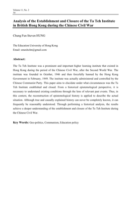 Analysis of the Establishment and Closure of the Ta Teh Institute in British Hong Kong During the Chinese Civil War