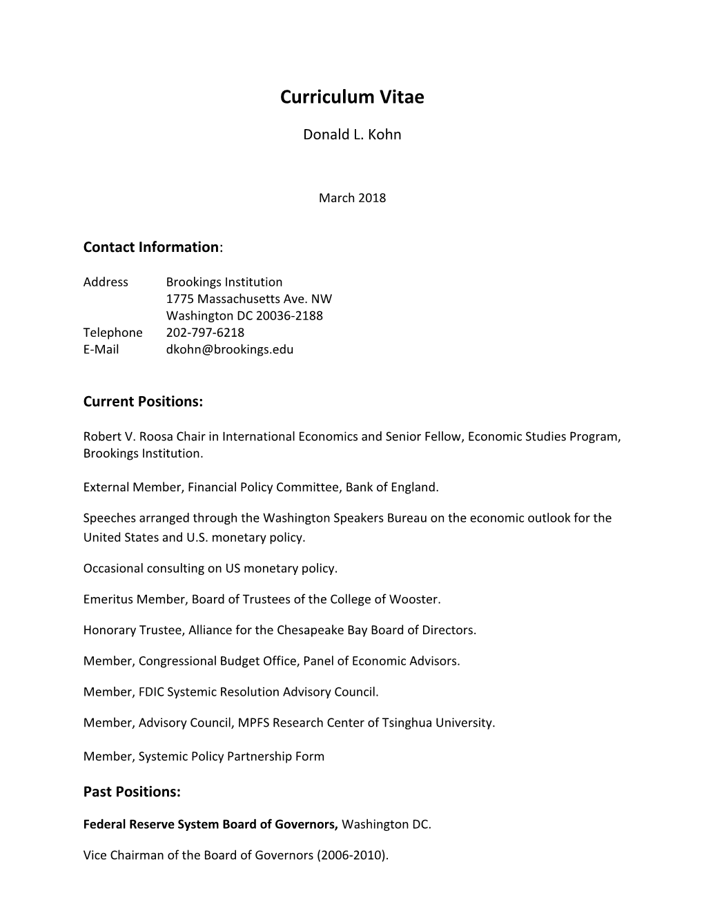 Donald Kohn's CV