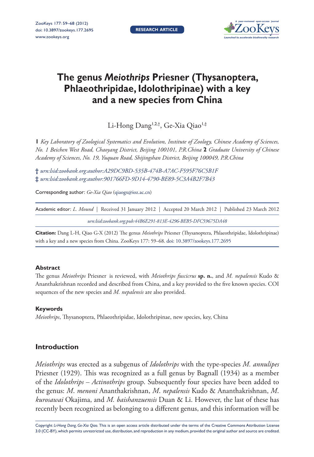 Thysanoptera, Phlaeothripidae, Idolothripinae) with a Key and a New Species from China