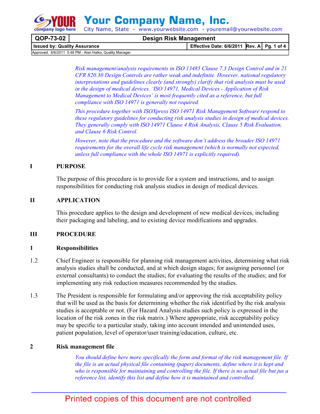 ISO 13485 Operational Procedure QOP-73-02 (A) Design Risk