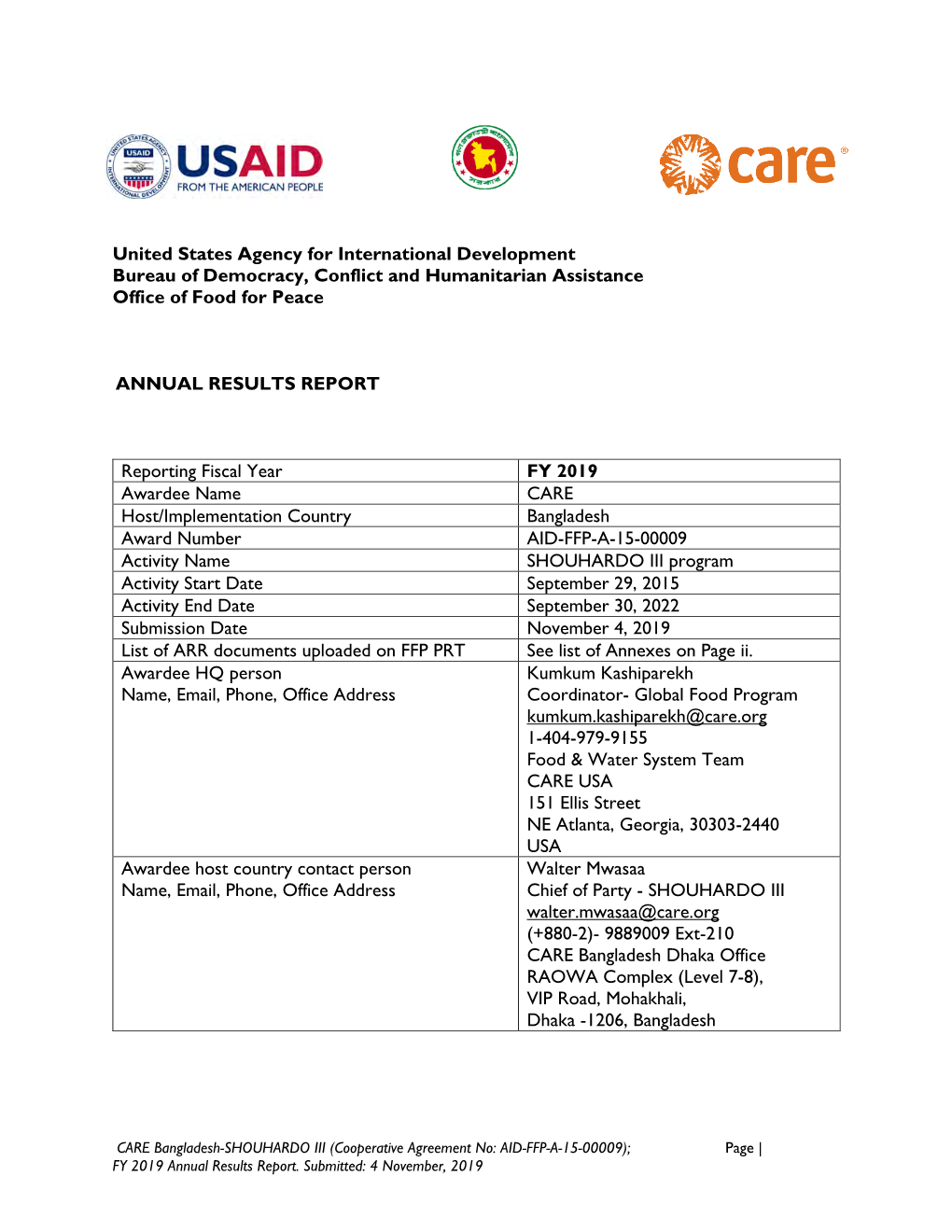 United States Agency for International Development Bureau of Democracy, Conflict and Humanitarian Assistance Office of Food for Peace