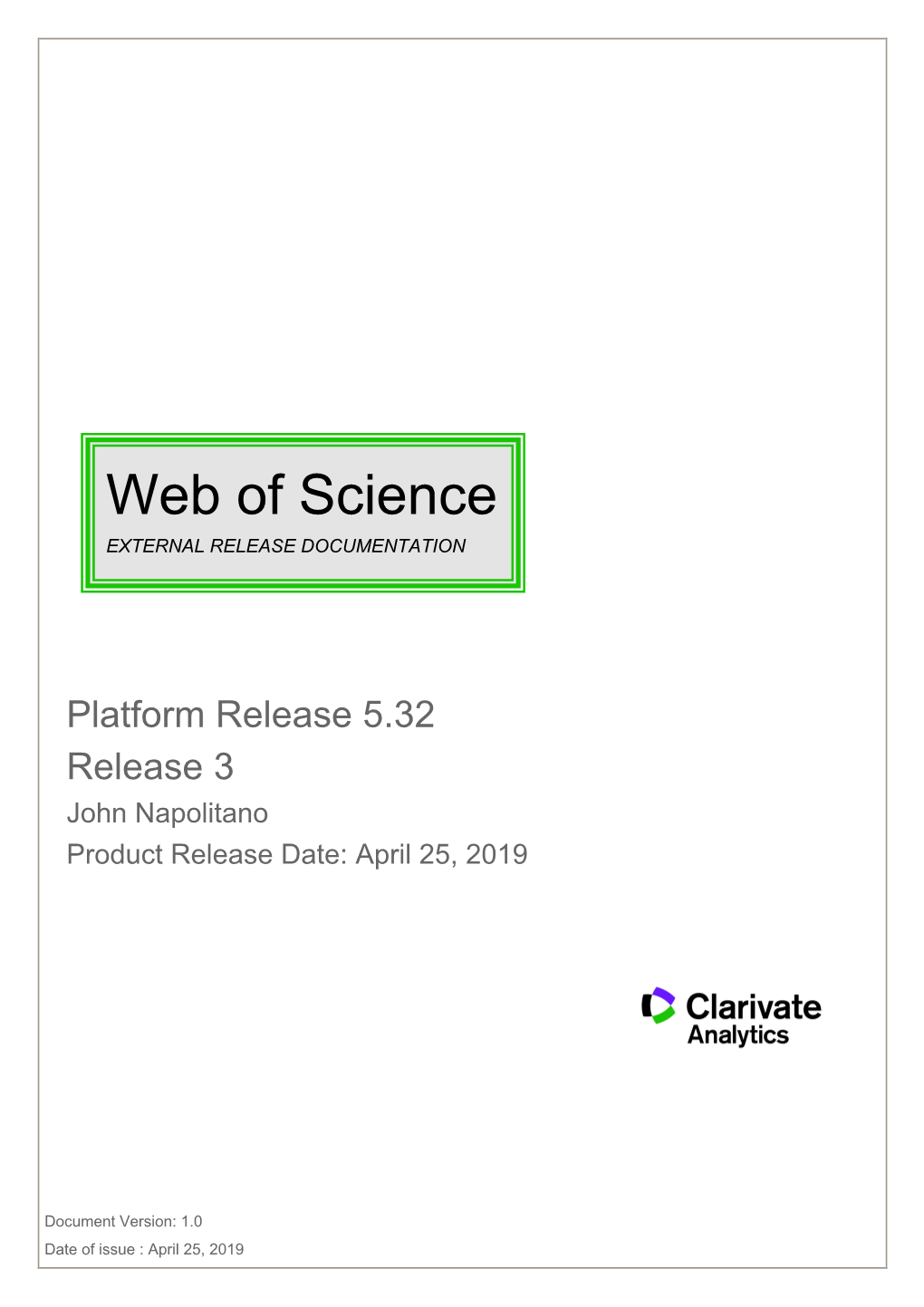Web of Science EXTERNAL RELEASE DOCUMENTATION