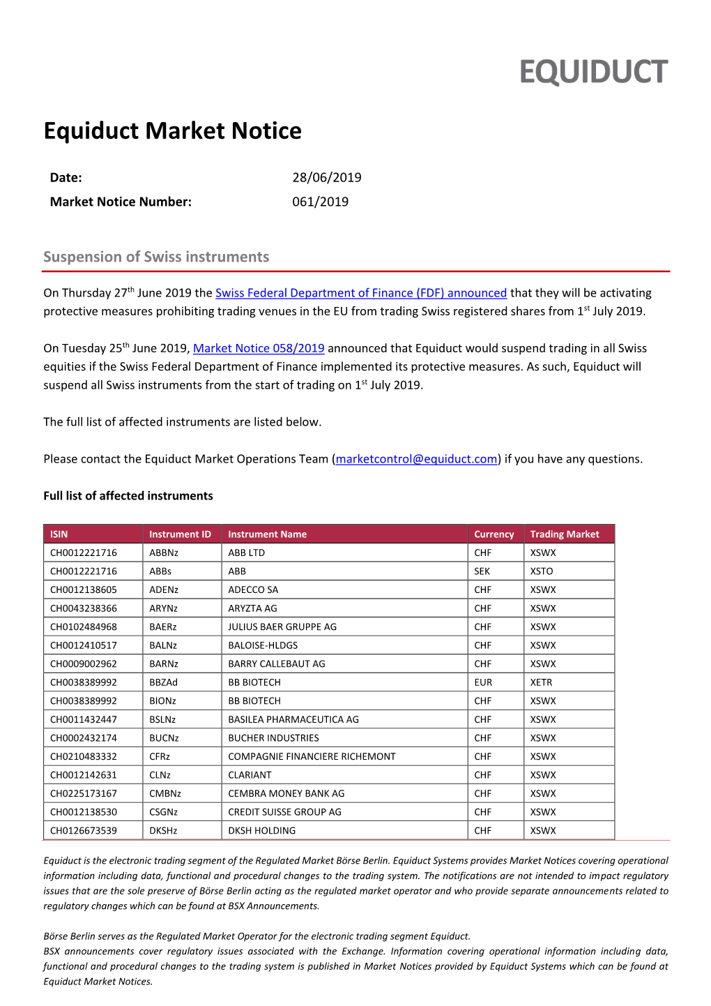 Equiduct Market Notice