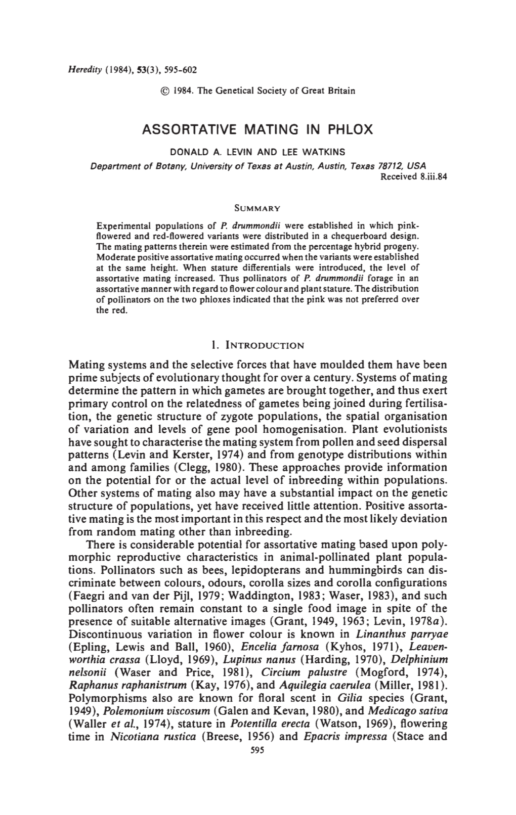 ASSORTATIVE MATING in PHLOX 597 Mating (Table 1)