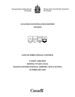 Aviation Investigation Report A03a0012 Loss Of