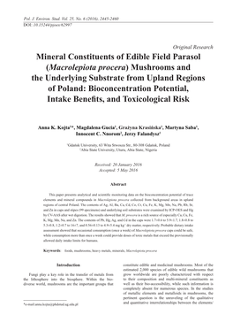 Macrolepiota Procera) Mushrooms and the Underlying Substrate from Upland Regions of Poland: Bioconcentration Potential, Intake Benefits, and Toxicological Risk