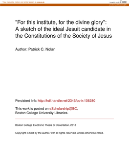 "For This Institute, for the Divine Glory": a Sketch of the Ideal Jesuit Candidate in the Constitutions of the Society of Jesus
