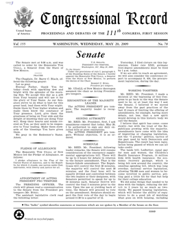 Congressional Record United States Th of America PROCEEDINGS and DEBATES of the 111 CONGRESS, FIRST SESSION