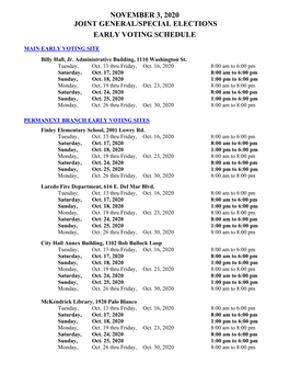 November 3, 2020 Joint General/Special Elections Early Voting Schedule