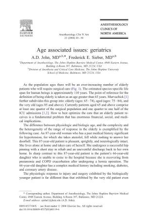 Age Associated Issues: Geriatrics A.D