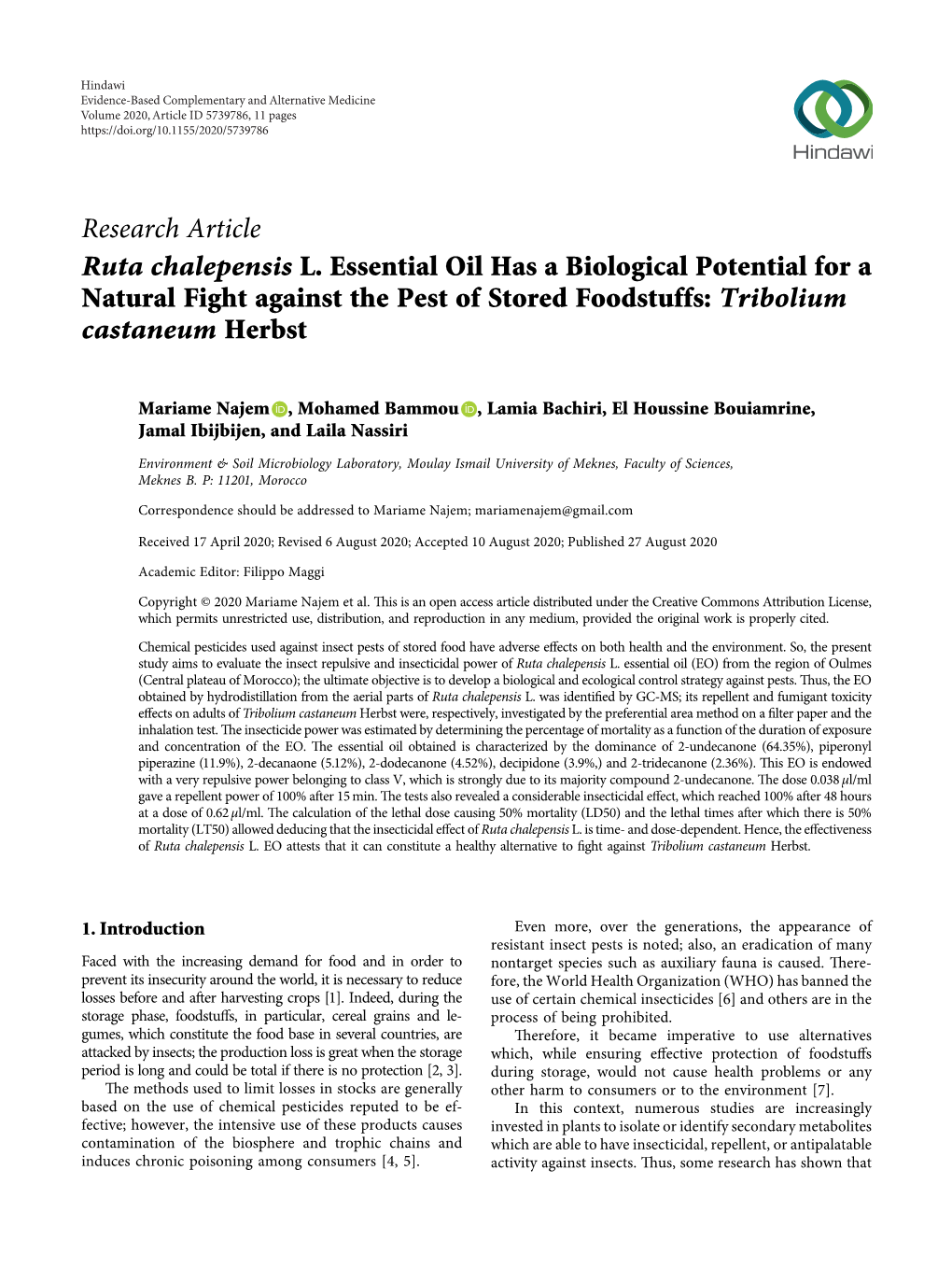 Ruta Chalepensis L. Essential Oil Has a Biological Potential for a Natural Fight Against the Pest of Stored Foodstuffs: Tribolium Castaneum Herbst