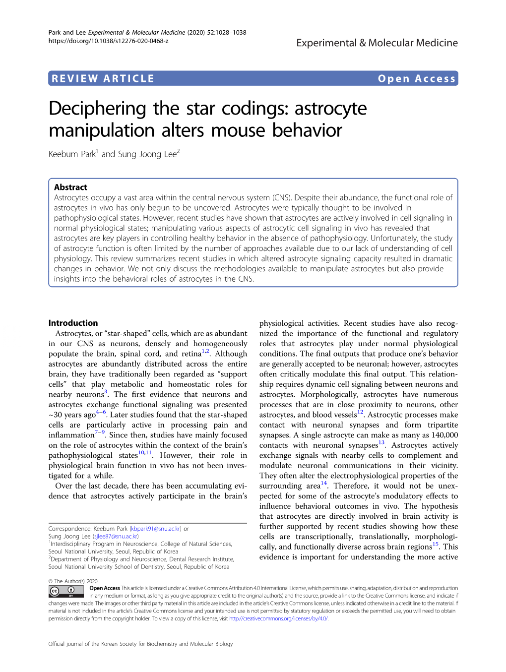 Astrocyte Manipulation Alters Mouse Behavior Keebum Park1 Andsungjoonglee2