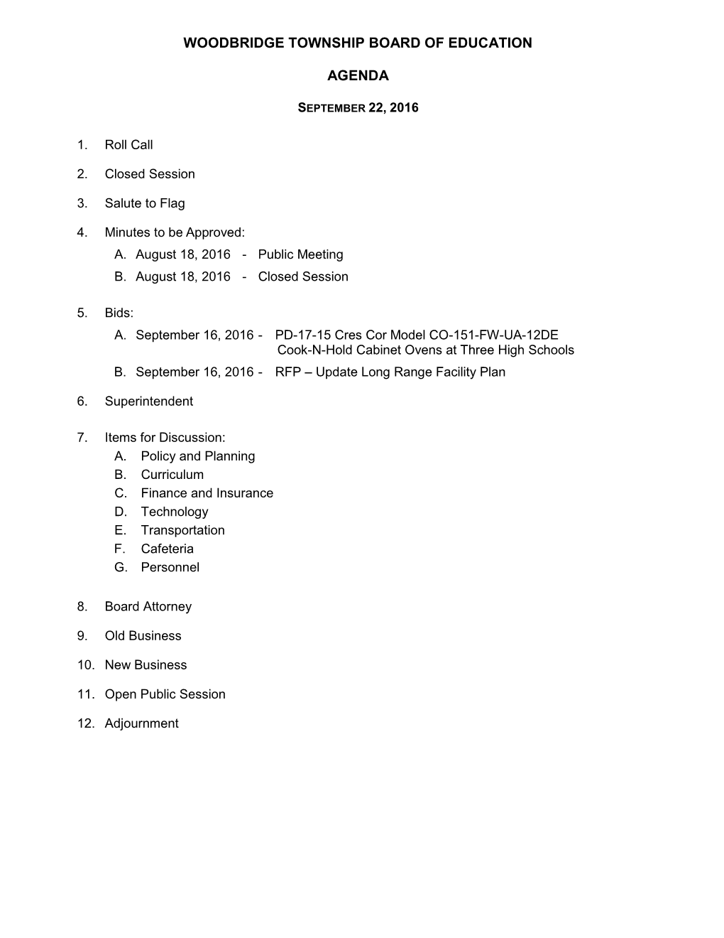 Woodbridge Township Board of Education Agenda