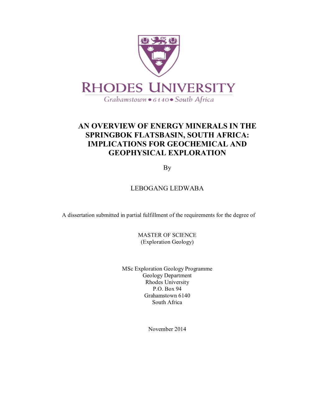 An Overview of Energy Minerals in the Springbok Flatsbasin, South Africa: Implications for Geochemical and Geophysical Exploration