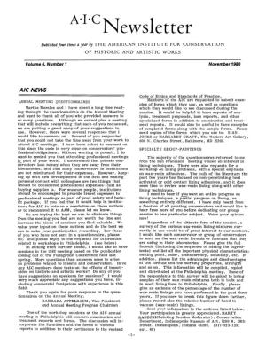 A.I.C Newssletter Published Four Times a Year by the AMERICAN INSTITUTE for CONSERVATION of HISTORIC and ARTISTIC WORKS
