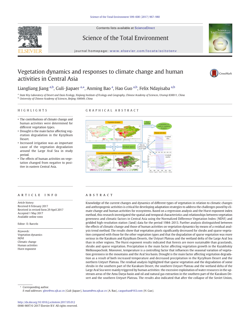 Vegetation Dynamics and Responses to Climate Change and Human Activities in Central Asia