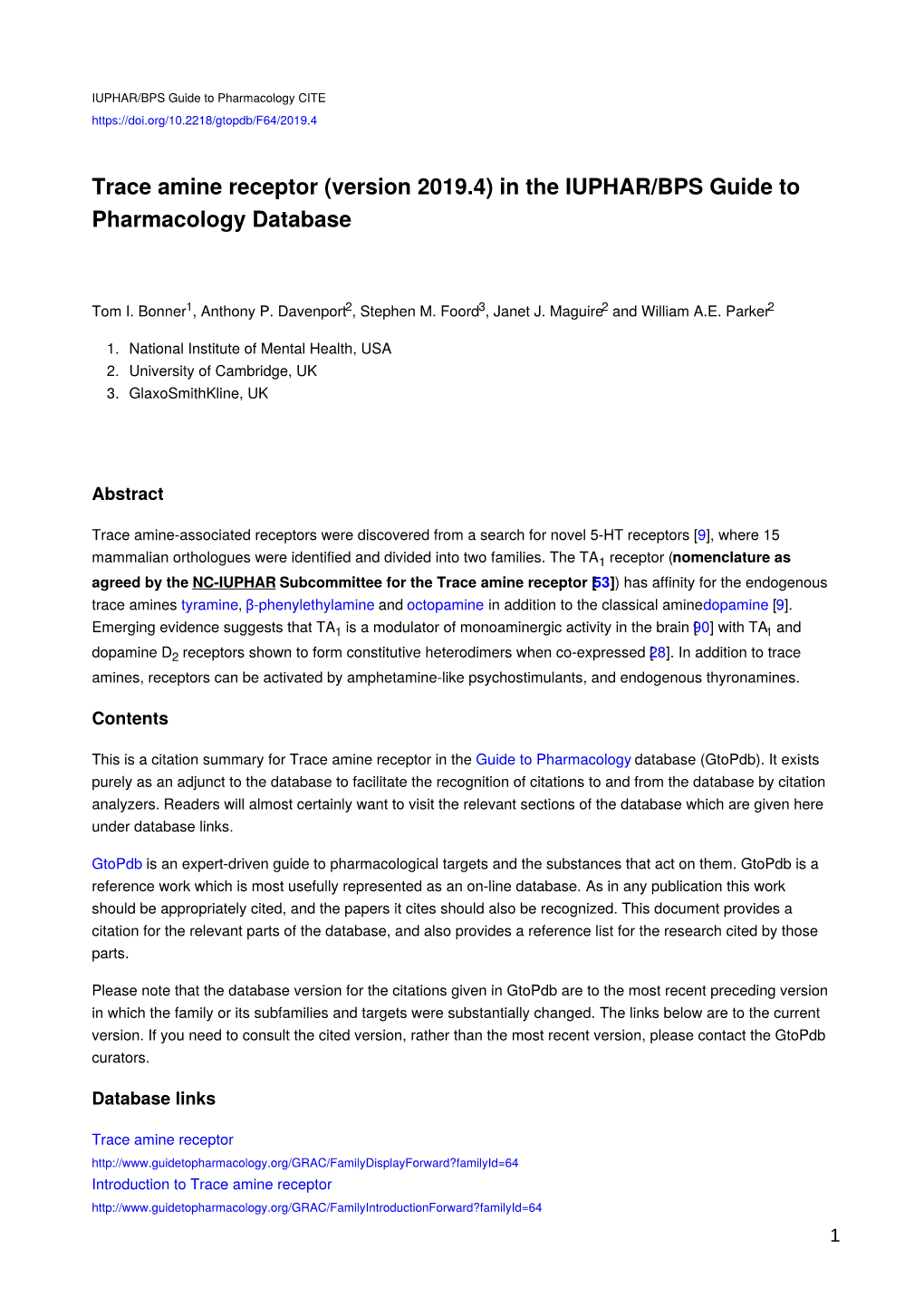 Trace Amine Receptor (Version 2019.4) in the IUPHAR/BPS Guide to Pharmacology Database