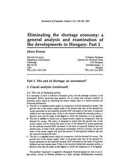 Eliminating the Shortage Economy: a General Analysis and Examination of the Developments in Hungary: Part 2