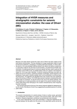 Integration of HVSR Measures and Stratigraphic Constraints for Seismic Microzonation Studies: the Case Of(ME) Oliveri P