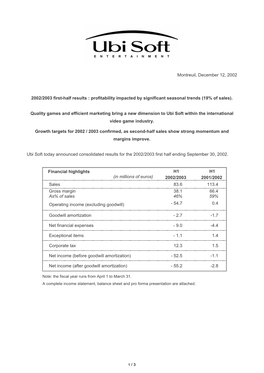 Montreuil, December 12, 2002 2002/2003 First-Half Results