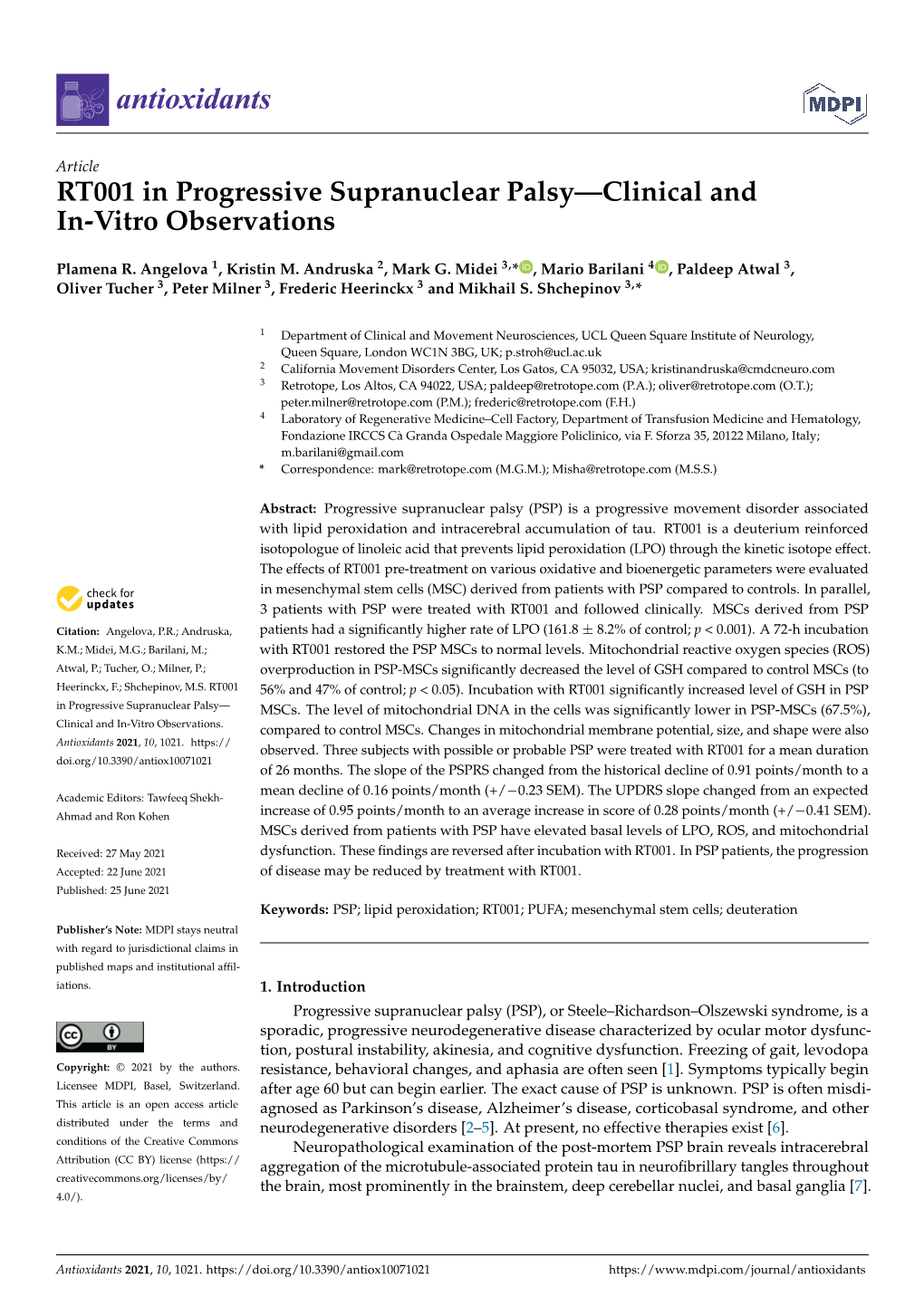 RT001 in Progressive Supranuclear Palsy—Clinical and In-Vitro Observations