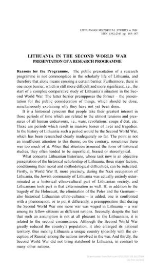 Lithuania in the Second World War Presentation of a Research Programme