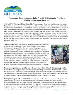 Partnership Opportunities for Lake-Friendly Living Service Providers NH LAKES Lakesmart Program
